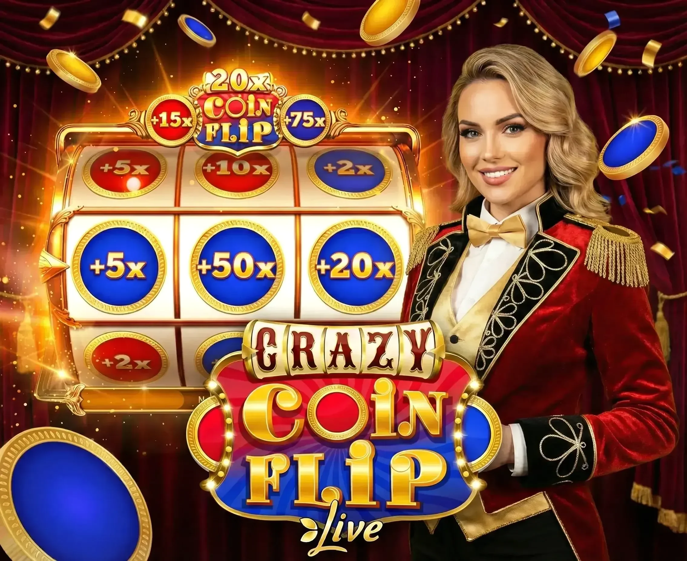 Crazy Time Coin Flip bonus screen with red and blue multipliers