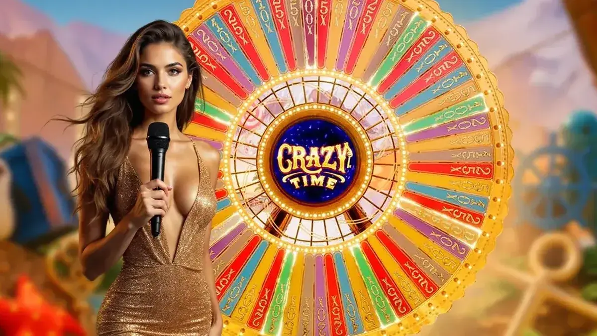 Crazy Time live stream view with host, studio, and money wheel